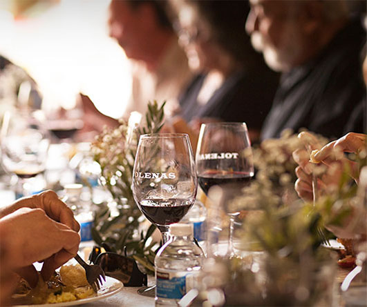 People wating a meal at a table with filled wine glasses that have Tolenas branding visible
